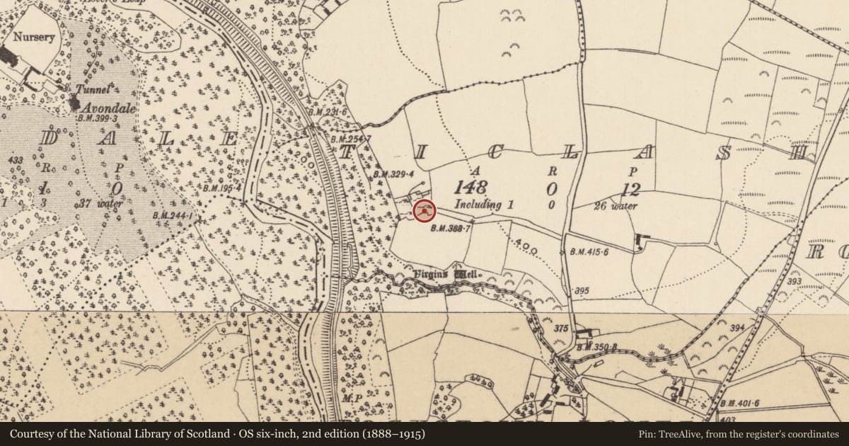 Ordnance Survey six-inch map, 2nd edition (1888–1915) covering the location of Rock art, Ticlash, County Wicklow, with a pin at the register's coordinates