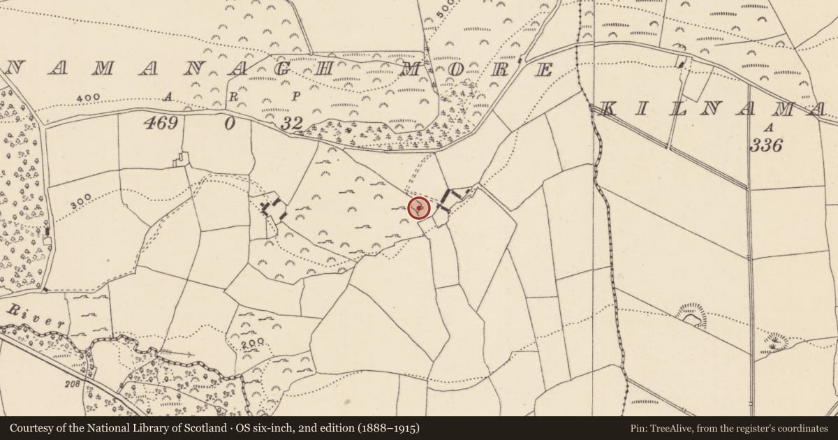 Ordnance Survey six-inch map, 2nd edition (1888–1915) covering the location of Ritual site - holy well, Kilnamanagh More, County Wicklow, with a pin at the register's coordinates