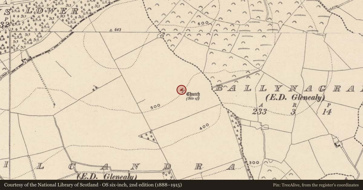 Ordnance Survey six-inch map, 2nd edition (1888–1915) covering the location of Graveyard, Kilcandra, County Wicklow, with a pin at the register's coordinates