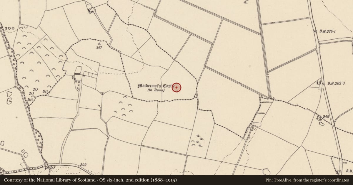 Ordnance Survey six-inch map, 2nd edition (1888–1915) covering the location of Moated site, Ballynagran, County Wicklow, with a pin at the register's coordinates