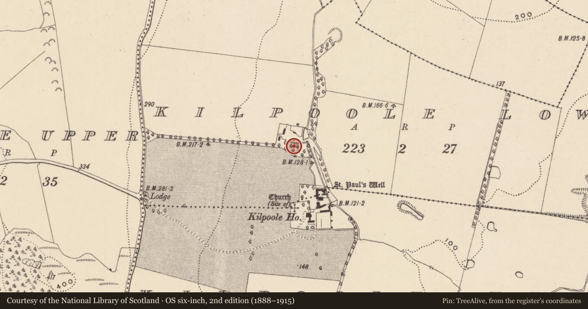 Ordnance Survey six-inch map, 2nd edition (1888–1915) covering the location of Enclosure, Kilpoole Lower, County Wicklow, with a pin at the register's coordinates