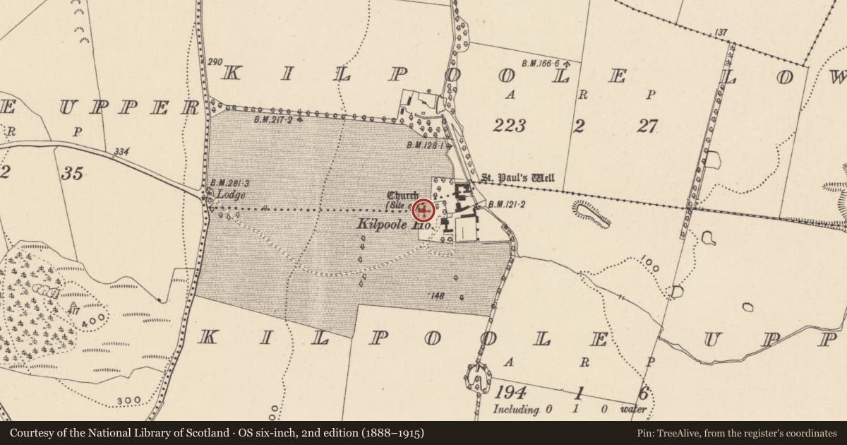 Ordnance Survey six-inch map, 2nd edition (1888–1915) covering the location of Church, Kilpoole Upper, County Wicklow, with a pin at the register's coordinates