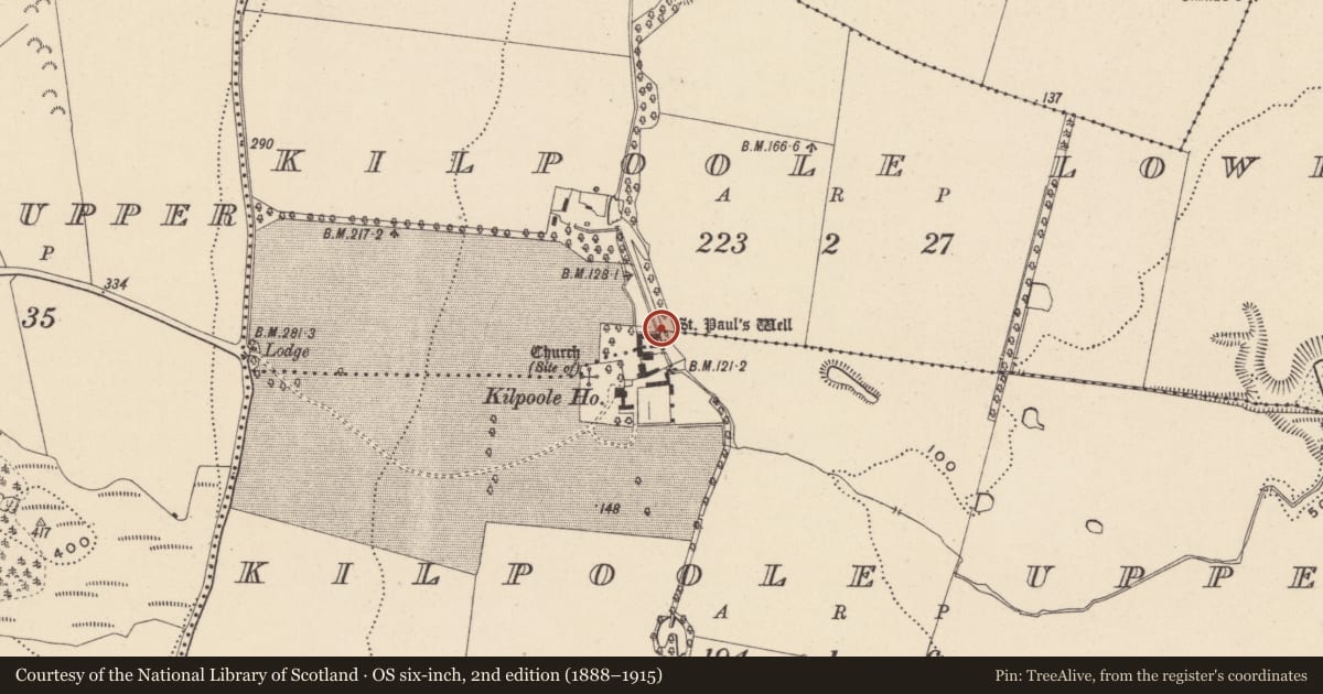 Ordnance Survey six-inch map, 2nd edition (1888–1915) covering the location of Ritual site - holy well, Kilpoole Lower, County Wicklow, with a pin at the register's coordinates