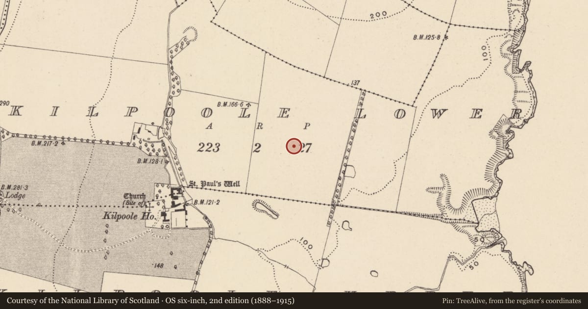 Ordnance Survey six-inch map, 2nd edition (1888–1915) covering the location of Enclosure, Kilpoole Lower, County Wicklow, with a pin at the register's coordinates