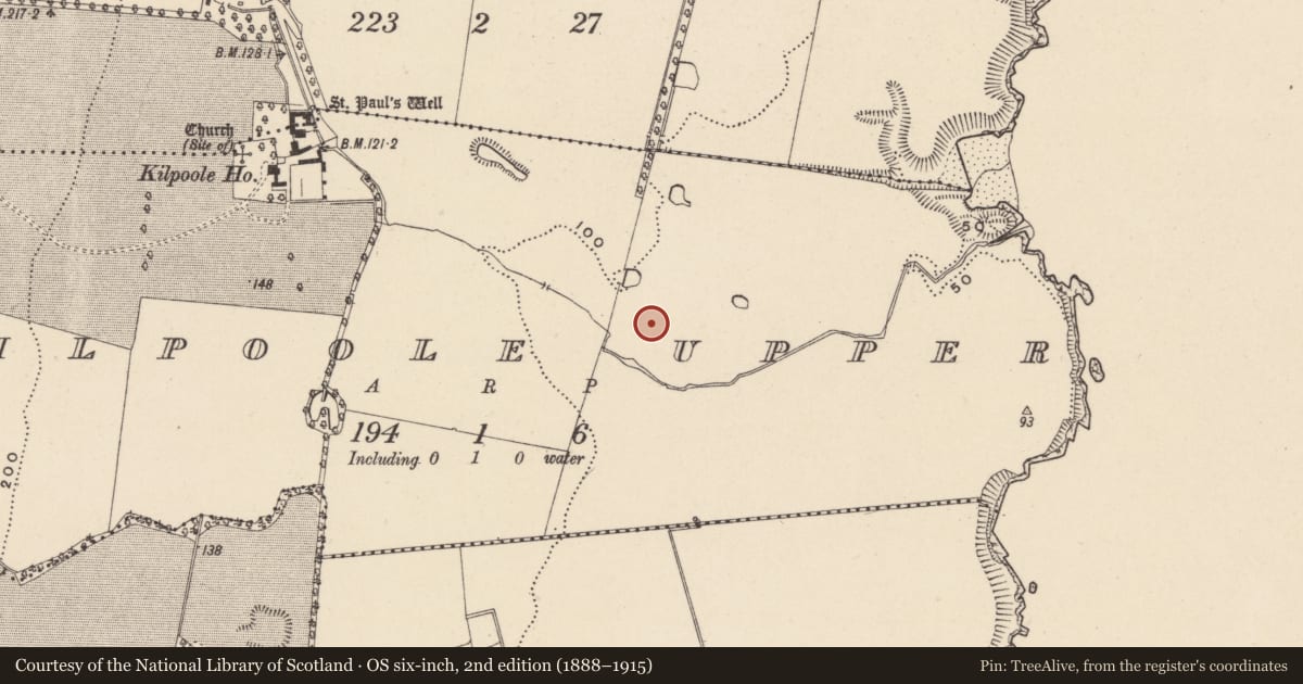 Ordnance Survey six-inch map, 2nd edition (1888–1915) covering the location of Enclosure, Kilpoole Upper, County Wicklow, with a pin at the register's coordinates