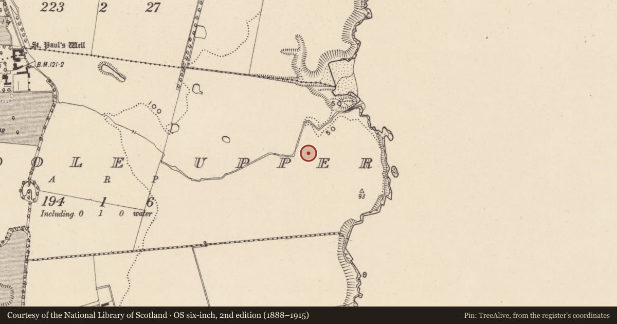 Ordnance Survey six-inch map, 2nd edition (1888–1915) covering the location of Ring-ditch, Kilpoole Upper, County Wicklow, with a pin at the register's coordinates