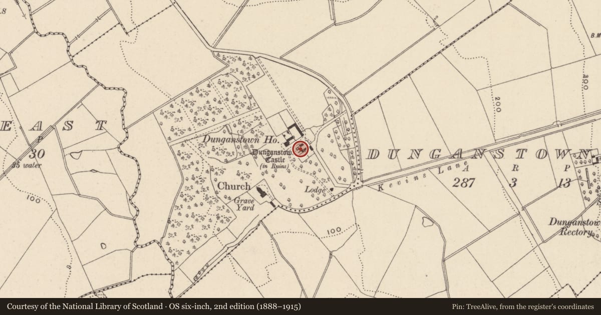 Ordnance Survey six-inch map, 2nd edition (1888–1915) covering the location of House - 16th/17th century, Dunganstown West, County Wicklow, with a pin at the register's coordinates