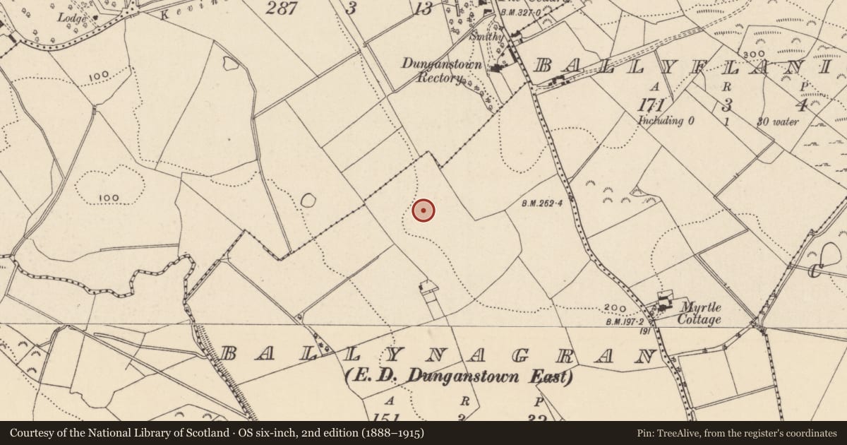 Ordnance Survey six-inch map, 2nd edition (1888–1915) covering the location of Enclosure, Ballynagran, County Wicklow, with a pin at the register's coordinates