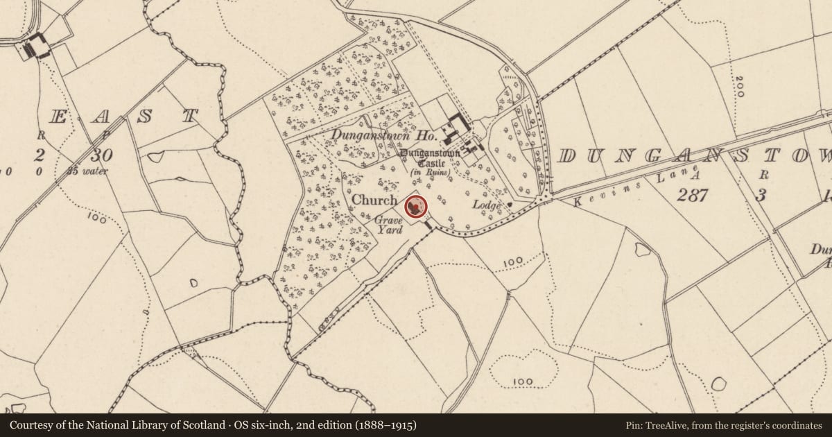 Ordnance Survey six-inch map, 2nd edition (1888–1915) covering the location of Graveyard, Dunganstown West, County Wicklow, with a pin at the register's coordinates