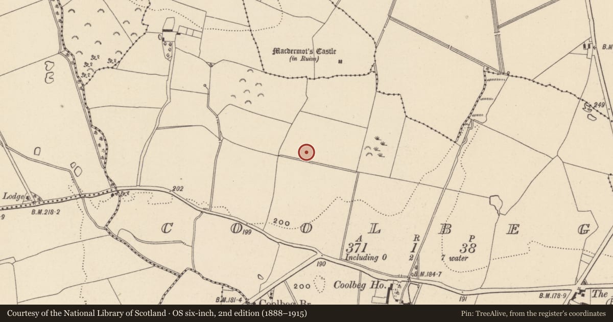 Ordnance Survey six-inch map, 2nd edition (1888–1915) covering the location of Fulacht fia, Coolbeg, County Wicklow, with a pin at the register's coordinates