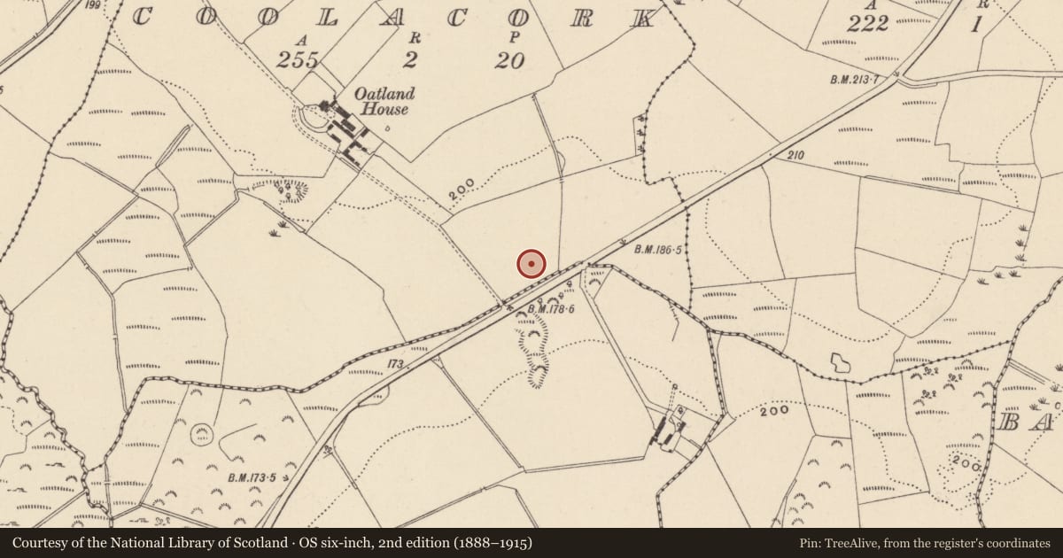 Ordnance Survey six-inch map, 2nd edition (1888–1915) covering the location of Burnt mound, Coolacork, County Wicklow, with a pin at the register's coordinates