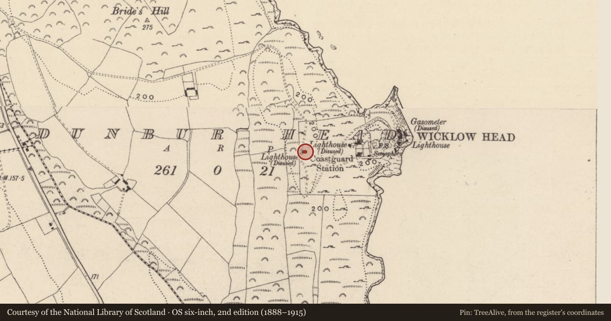 Ordnance Survey six-inch map, 2nd edition (1888–1915) covering the location of Signal tower, Dunbur Head, County Wicklow, with a pin at the register's coordinates