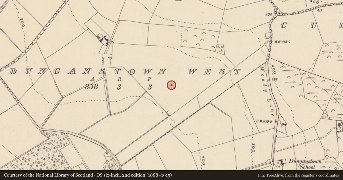 Ordnance Survey six-inch map, 2nd edition (1888–1915) covering the location of Enclosure, Dunganstown West, County Wicklow, with a pin at the register's coordinates