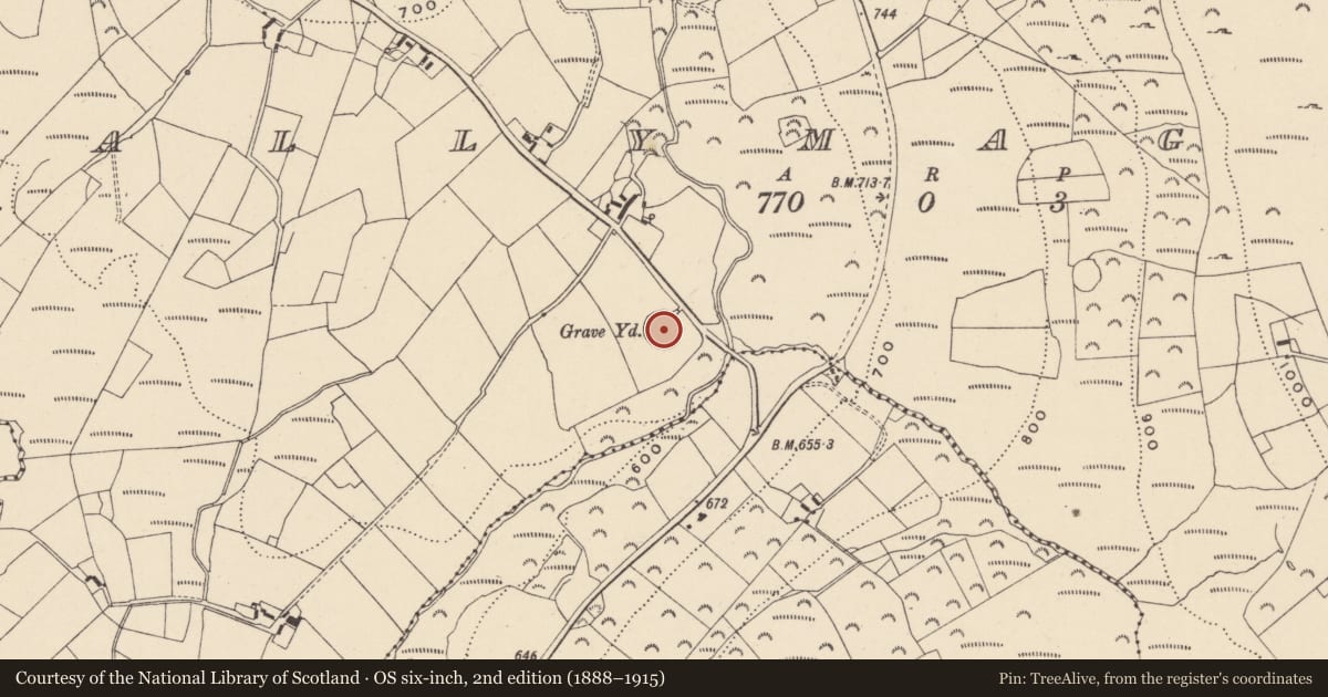 Ordnance Survey six-inch map, 2nd edition (1888–1915) covering the location of Cross, Ballymaghroe, County Wicklow, with a pin at the register's coordinates