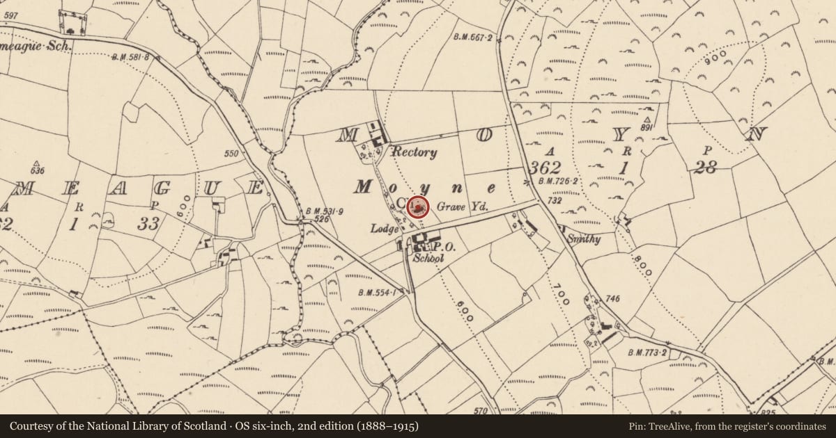 Ordnance Survey six-inch map, 2nd edition (1888–1915) covering the location of Church, Moyne, County Wicklow, with a pin at the register's coordinates
