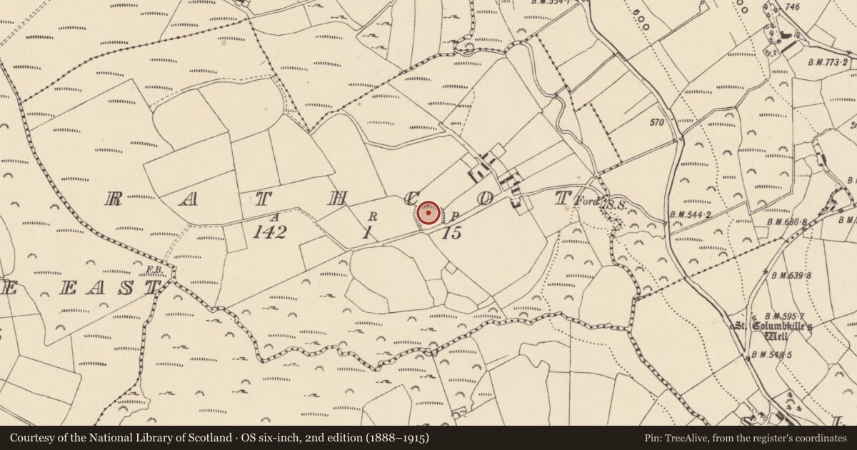 Ordnance Survey six-inch map, 2nd edition (1888–1915) covering the location of Ringfort - rath, Rathcot, County Wicklow, with a pin at the register's coordinates