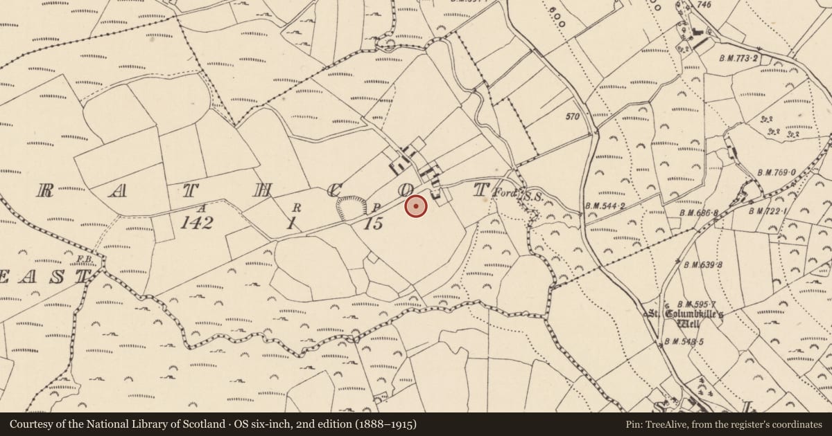 Ordnance Survey six-inch map, 2nd edition (1888–1915) covering the location of Pit-burial, Rathcot, County Wicklow, with a pin at the register's coordinates
