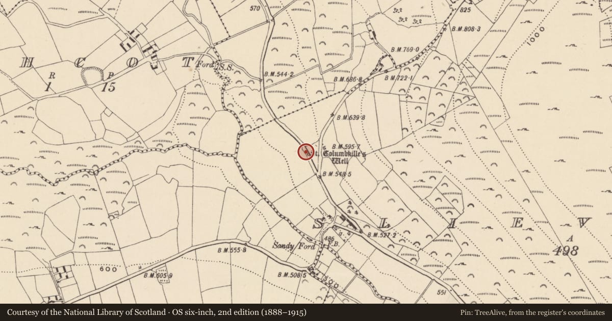 Ordnance Survey six-inch map, 2nd edition (1888–1915) covering the location of Ritual site - holy well, Slieveroe, County Wicklow, with a pin at the register's coordinates
