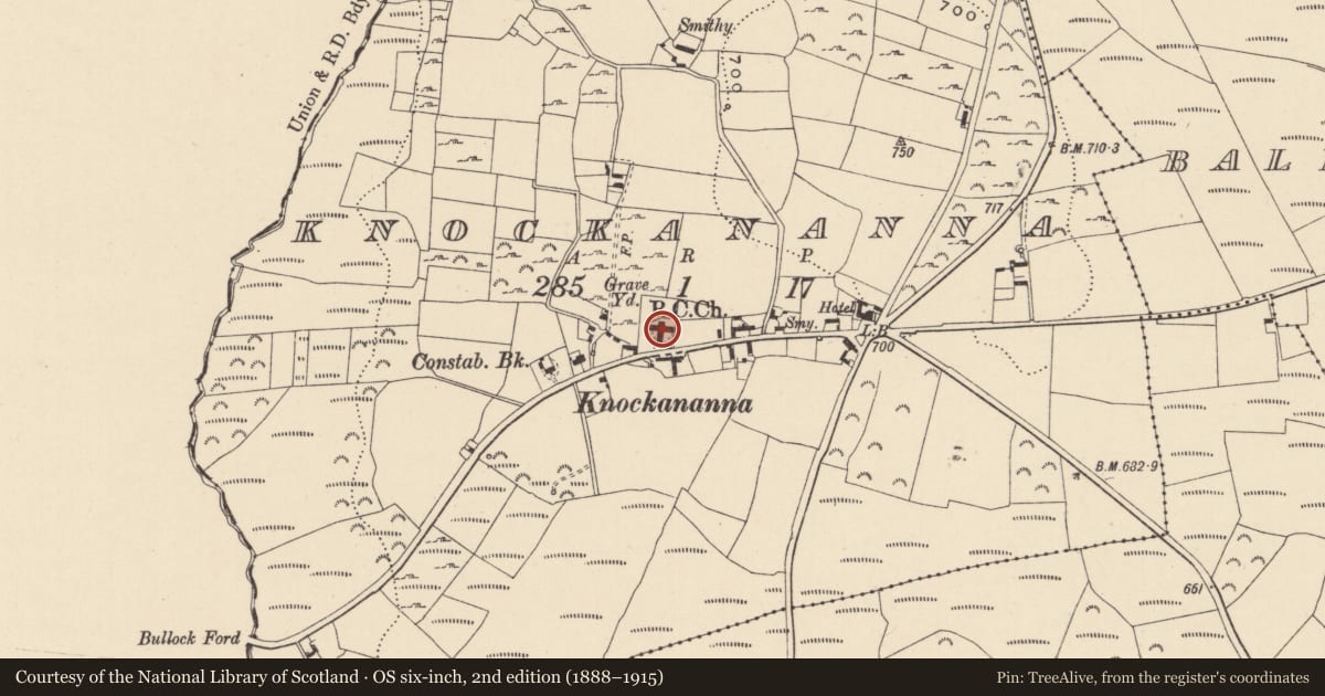Ordnance Survey six-inch map, 2nd edition (1888–1915) covering the location of Font (present location), Knockananna, County Wicklow, with a pin at the register's coordinates