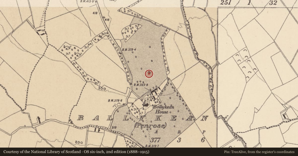 Ordnance Survey six-inch map, 2nd edition (1888–1915) covering the location of Ringfort - rath, Ballykean (Penrose), County Wicklow, with a pin at the register's coordinates
