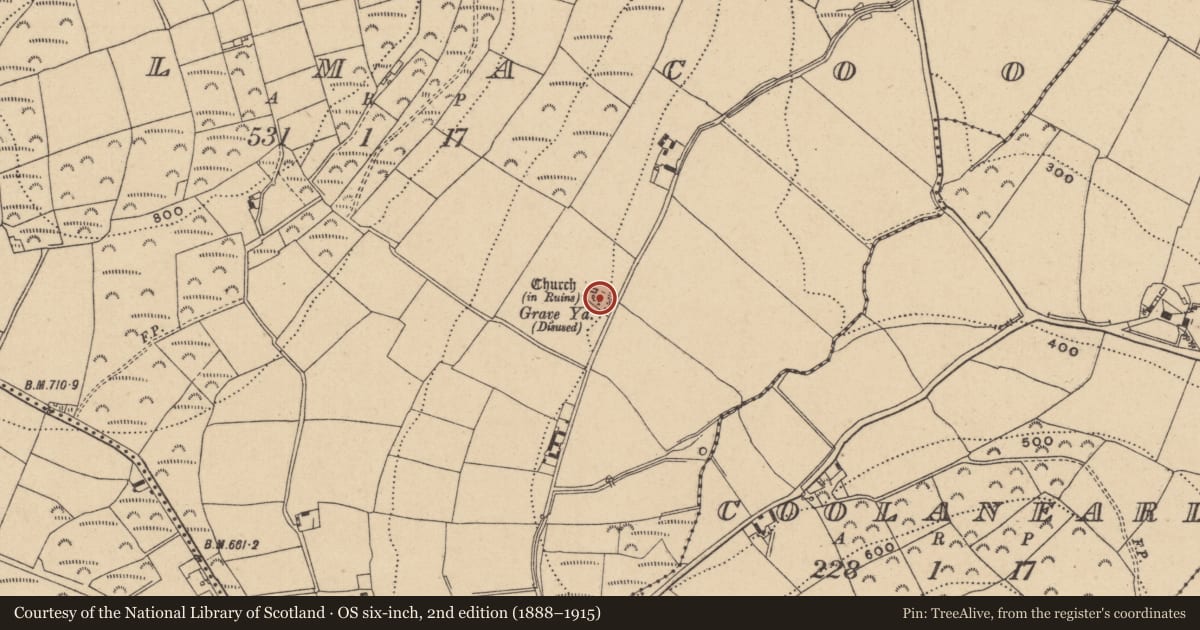 Ordnance Survey six-inch map, 2nd edition (1888–1915) covering the location of Bullaun stone, Kilmacoo, County Wicklow, with a pin at the register's coordinates