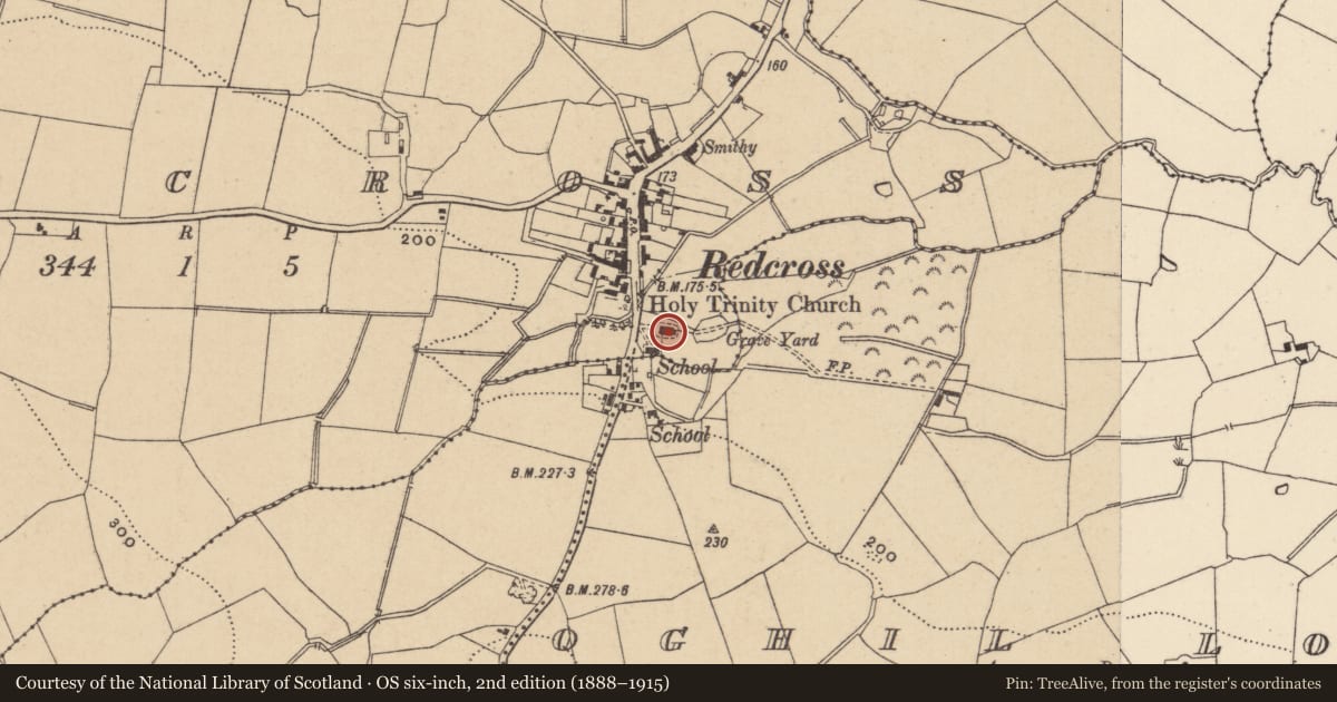 Ordnance Survey six-inch map, 2nd edition (1888–1915) covering the location of Church, Redcross, County Wicklow, with a pin at the register's coordinates