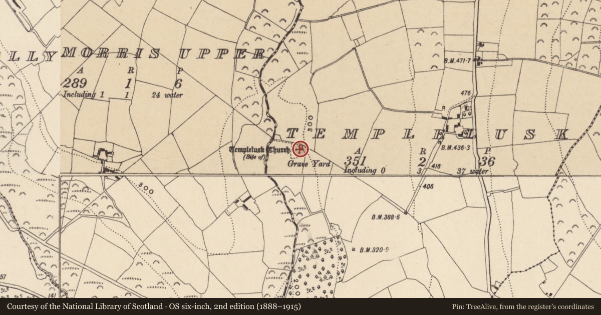 Ordnance Survey six-inch map, 2nd edition (1888–1915) covering the location of Church, Templelusk, County Wicklow, with a pin at the register's coordinates