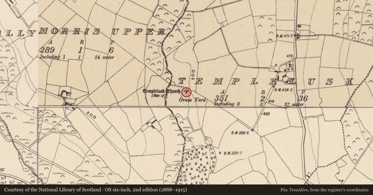 Ordnance Survey six-inch map, 2nd edition (1888–1915) covering the location of Graveyard, Templelusk, County Wicklow, with a pin at the register's coordinates