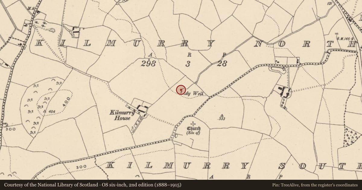 Ordnance Survey six-inch map, 2nd edition (1888–1915) covering the location of Ritual site - holy well, Kilmurry North, County Wicklow, with a pin at the register's coordinates