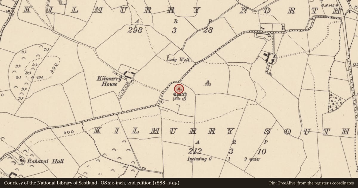 Ordnance Survey six-inch map, 2nd edition (1888–1915) covering the location of Church, Kilmurry South, County Wicklow, with a pin at the register's coordinates