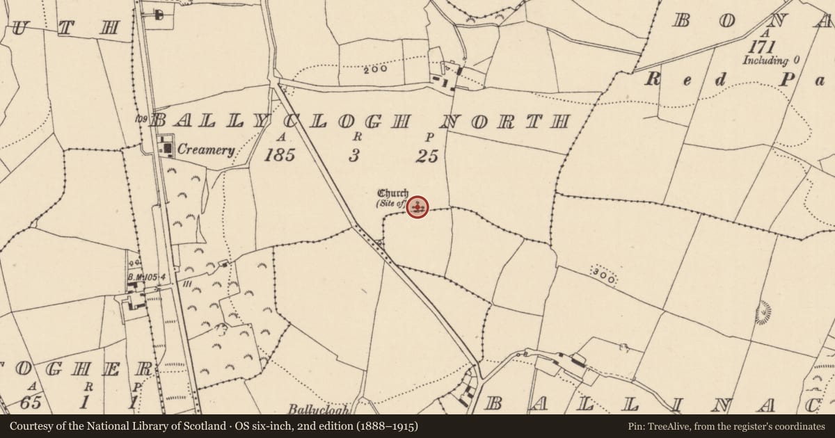 Ordnance Survey six-inch map, 2nd edition (1888–1915) covering the location of Church, Ballyclogh North, County Wicklow, with a pin at the register's coordinates