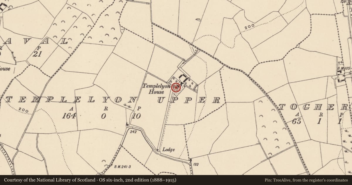 Ordnance Survey six-inch map, 2nd edition (1888–1915) covering the location of Burial ground, Templelyon Upper, County Wicklow, with a pin at the register's coordinates