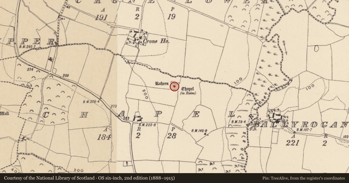Ordnance Survey six-inch map, 2nd edition (1888–1915) covering the location of Church, Chapel, County Wicklow, with a pin at the register's coordinates