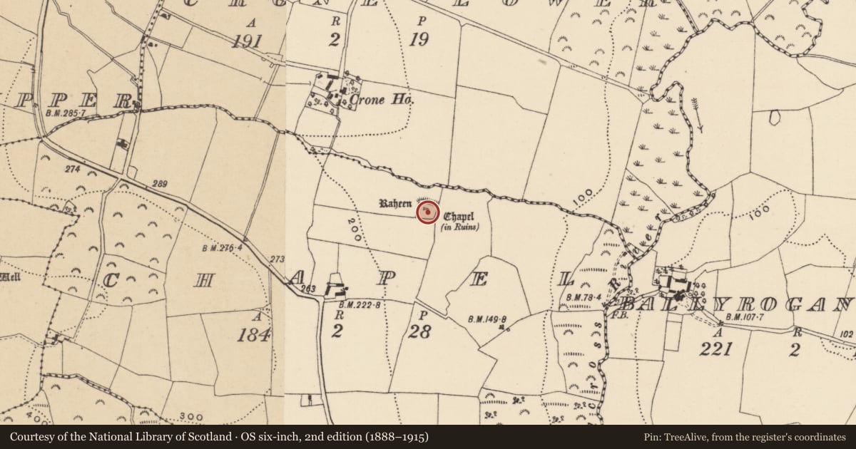 Ordnance Survey six-inch map, 2nd edition (1888–1915) covering the location of Graveyard, Chapel, County Wicklow, with a pin at the register's coordinates
