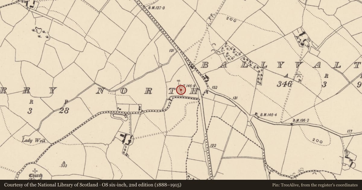 Ordnance Survey six-inch map, 2nd edition (1888–1915) covering the location of Kiln - corn-drying, Kilmurry North, County Wicklow, with a pin at the register's coordinates