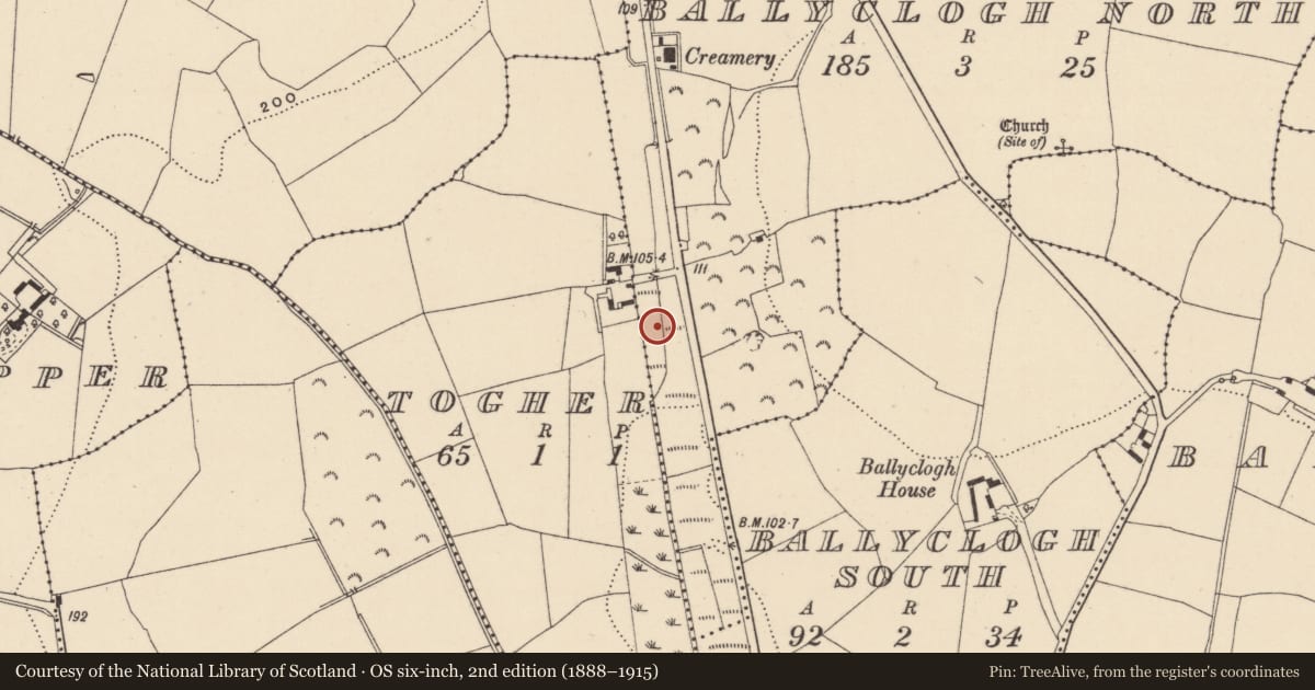 Ordnance Survey six-inch map, 2nd edition (1888–1915) covering the location of Hearth, Ballyclogh North, County Wicklow, with a pin at the register's coordinates