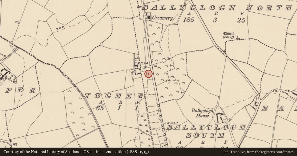 Ordnance Survey six-inch map, 2nd edition (1888–1915) covering the location of Burnt spread, Ballyclogh North, County Wicklow, with a pin at the register's coordinates