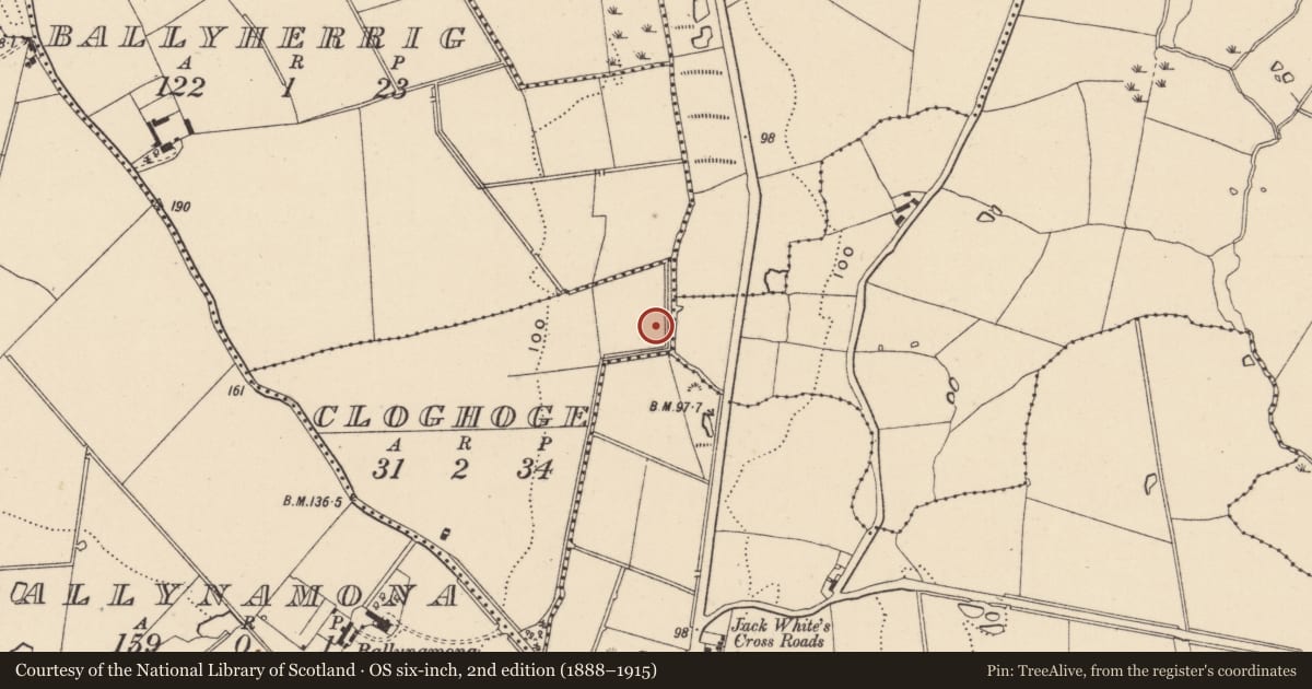 Ordnance Survey six-inch map, 2nd edition (1888–1915) covering the location of Burnt mound, Cloghoge, County Wicklow, with a pin at the register's coordinates