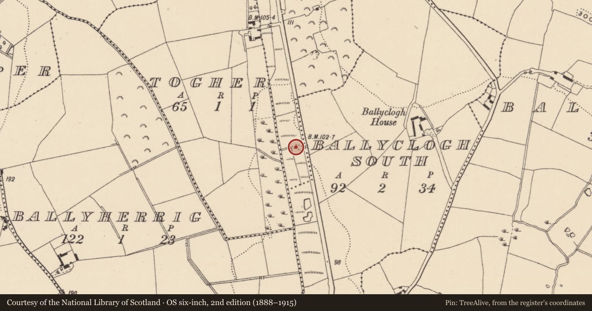 Ordnance Survey six-inch map, 2nd edition (1888–1915) covering the location of Burnt mound, Ballyclogh North, County Wicklow, with a pin at the register's coordinates