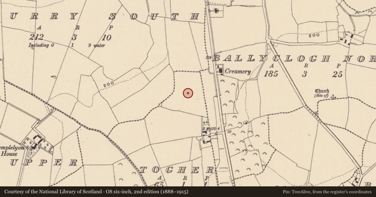 Ordnance Survey six-inch map, 2nd edition (1888–1915) covering the location of Burnt mound, Ballyclogh North, County Wicklow, with a pin at the register's coordinates