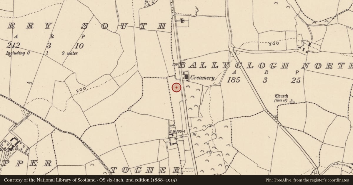 Ordnance Survey six-inch map, 2nd edition (1888–1915) covering the location of Burnt mound, Ballyclogh North, County Wicklow, with a pin at the register's coordinates
