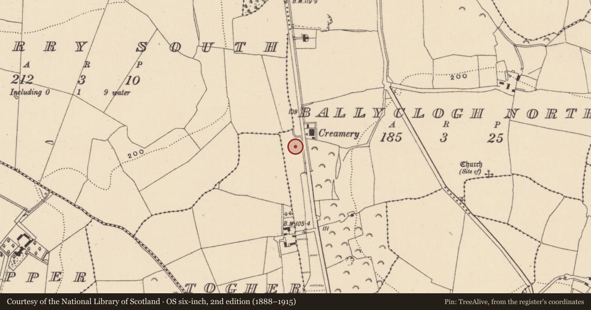 Ordnance Survey six-inch map, 2nd edition (1888–1915) covering the location of Burnt mound, Ballyclogh North, County Wicklow, with a pin at the register's coordinates