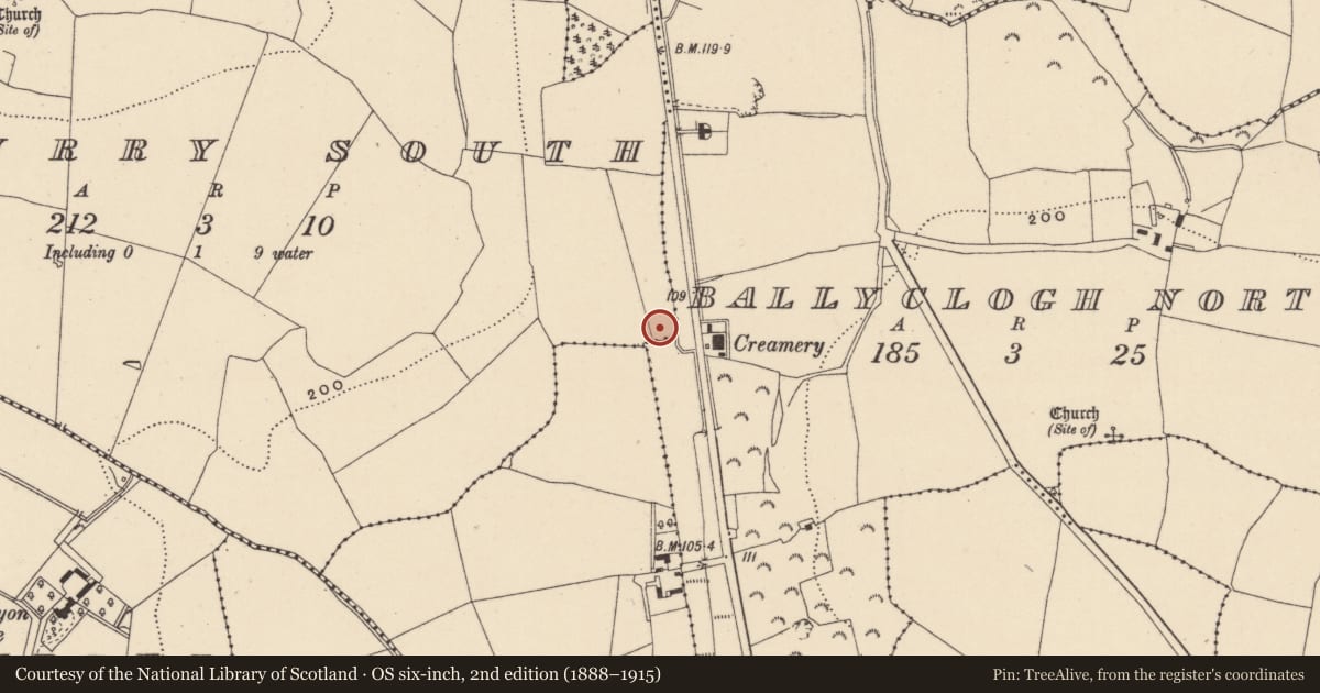 Ordnance Survey six-inch map, 2nd edition (1888–1915) covering the location of Burnt spread, Kilmurry South, County Wicklow, with a pin at the register's coordinates
