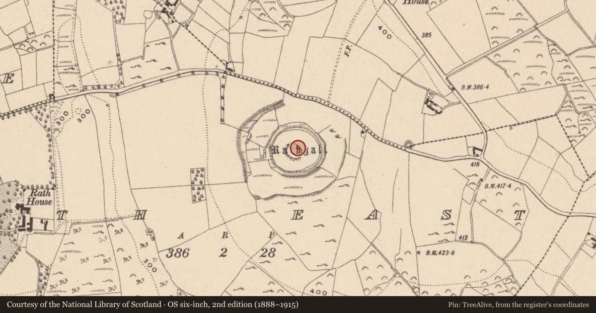 Ordnance Survey six-inch map, 2nd edition (1888–1915) covering the location of Hillfort, Rath East, County Wicklow, with a pin at the register's coordinates