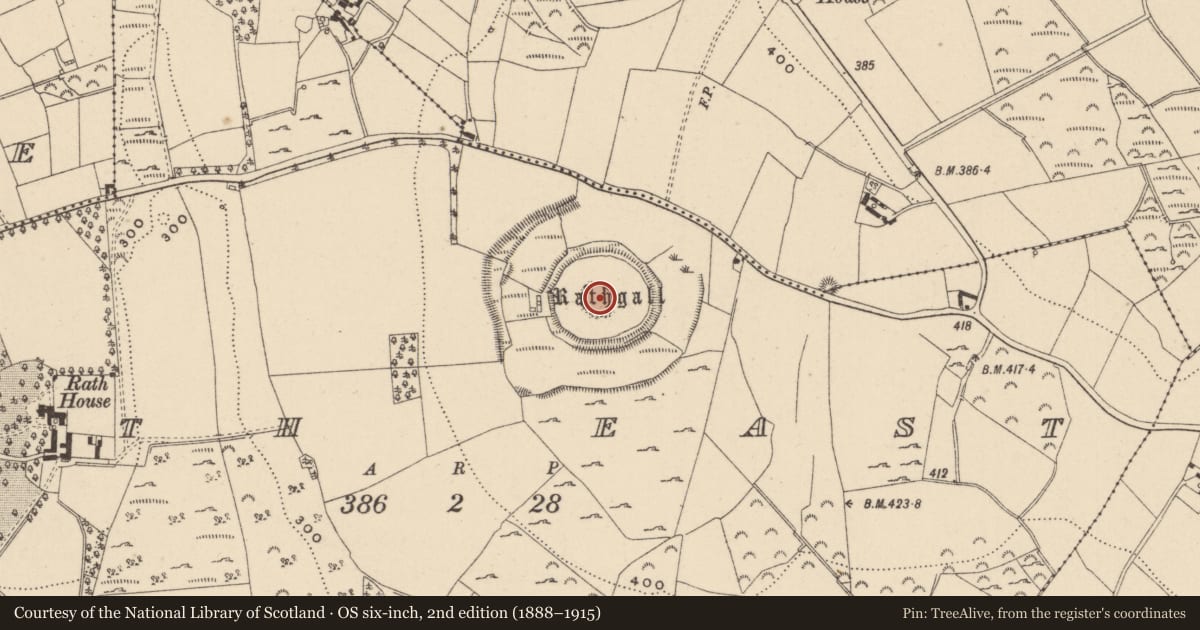 Ordnance Survey six-inch map, 2nd edition (1888–1915) covering the location of Burial, Rath East, County Wicklow, with a pin at the register's coordinates