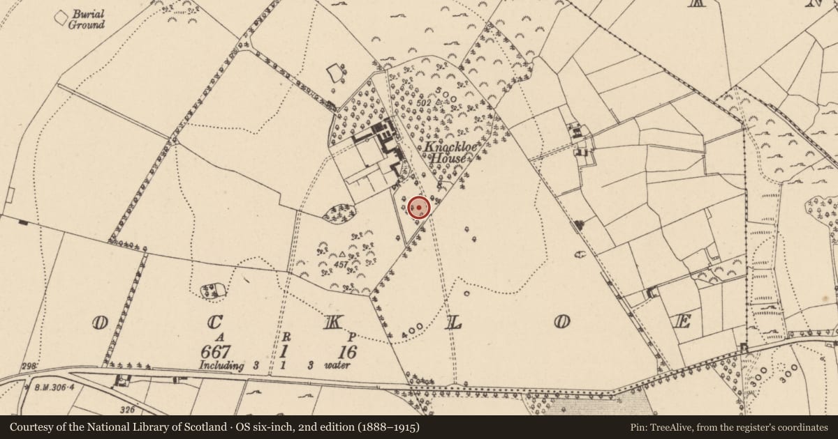 Ordnance Survey six-inch map, 2nd edition (1888–1915) covering the location of Barrow - ring-barrow, Knockloe, County Wicklow, with a pin at the register's coordinates