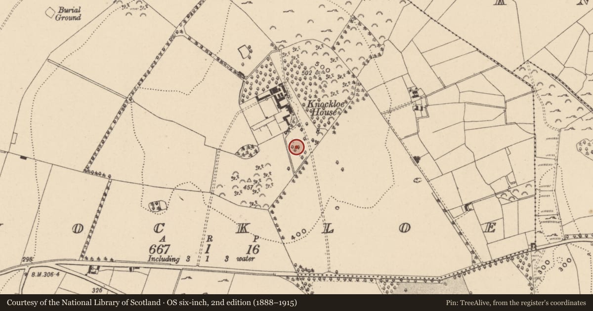 Ordnance Survey six-inch map, 2nd edition (1888–1915) covering the location of Barrow - ring-barrow, Knockloe, County Wicklow, with a pin at the register's coordinates