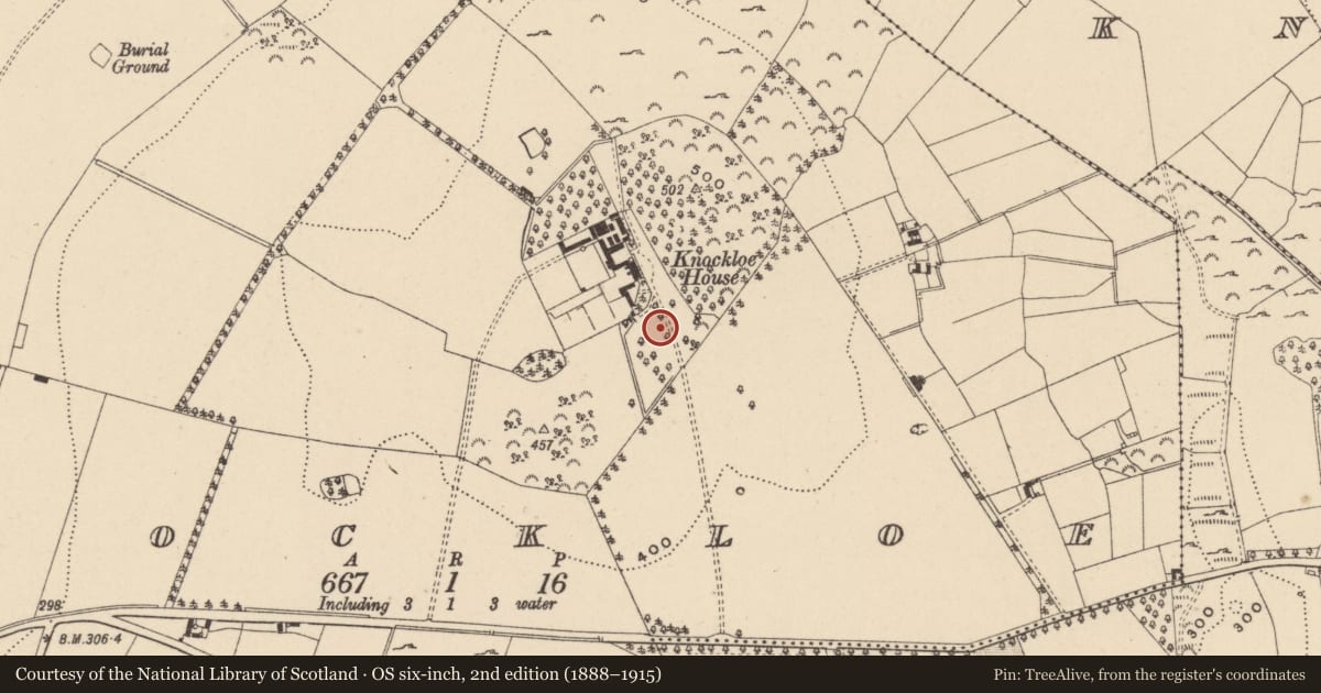 Ordnance Survey six-inch map, 2nd edition (1888–1915) covering the location of Barrow - ring-barrow, Knockloe, County Wicklow, with a pin at the register's coordinates