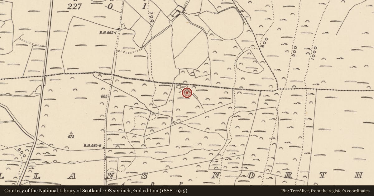 Ordnance Survey six-inch map, 2nd edition (1888–1915) covering the location of Enclosure, Mullans North, County Wicklow, with a pin at the register's coordinates