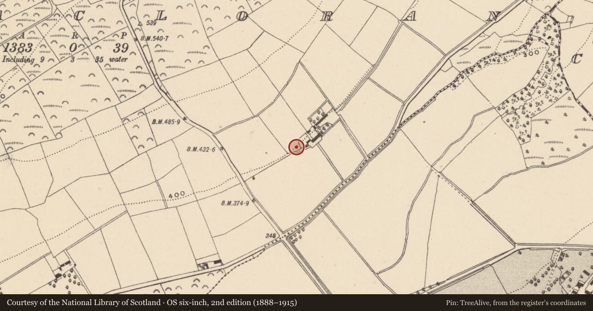 Ordnance Survey six-inch map, 2nd edition (1888–1915) covering the location of Enclosure, Killacloran, County Wicklow, with a pin at the register's coordinates